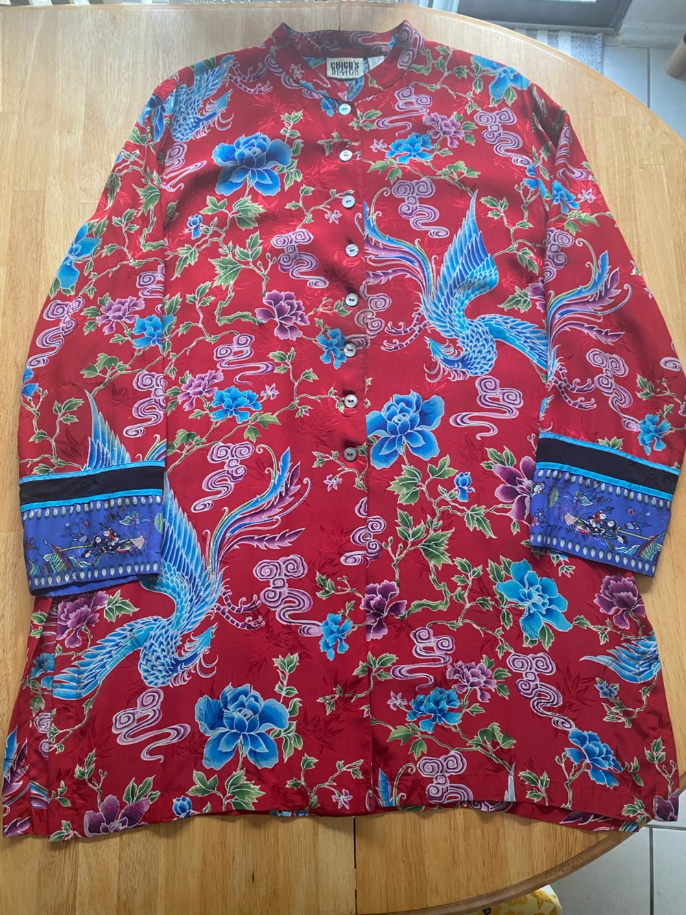 Vintage Chico's Red Silk Kimono Tunic Top with Blue Dragon and Floral Accents - Picture 4 of 8